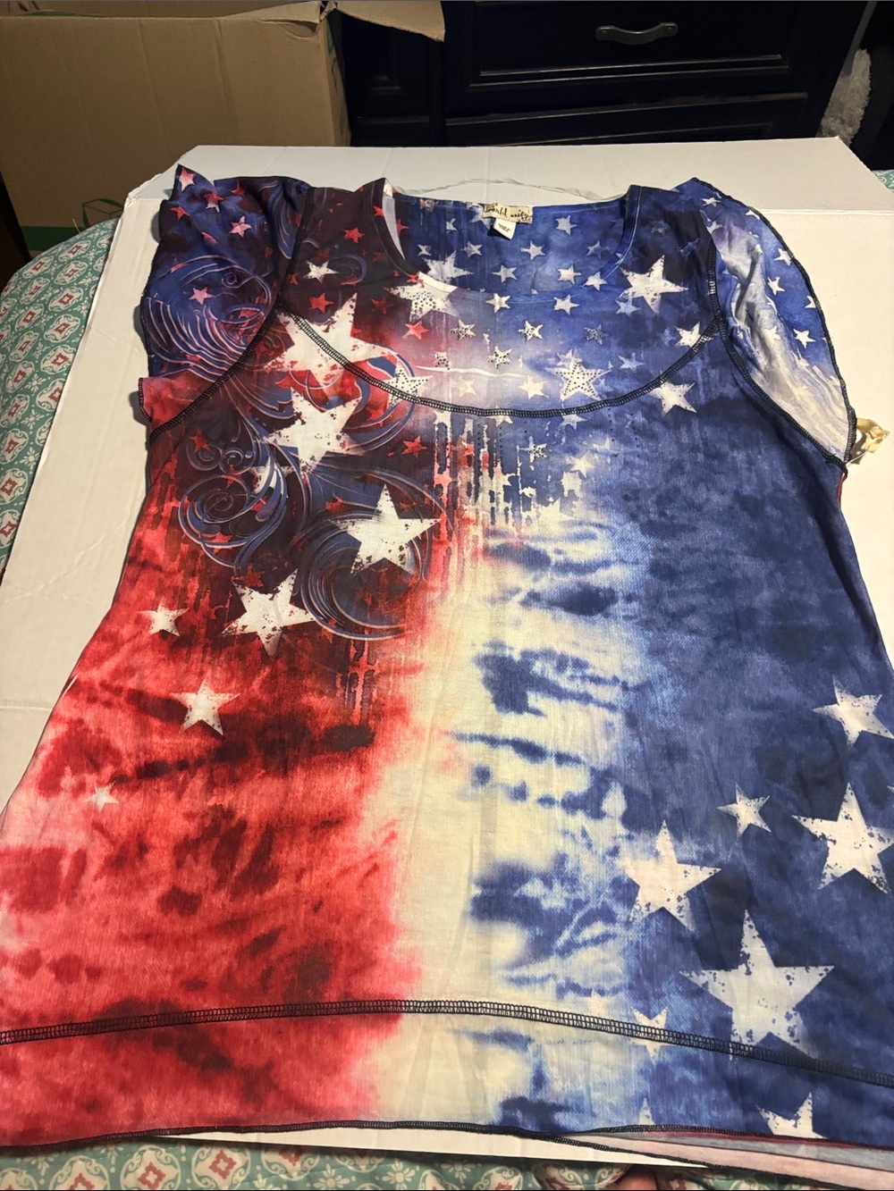 Women's Red & Blue Star Print Short Sleeve bling top